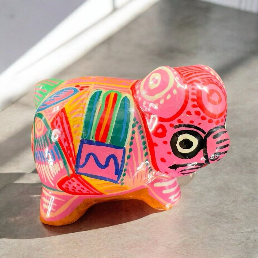 Hand Painted Mexico Pottery RedWare Pig Piggy Figurine Decor Pink Multicolor VTG